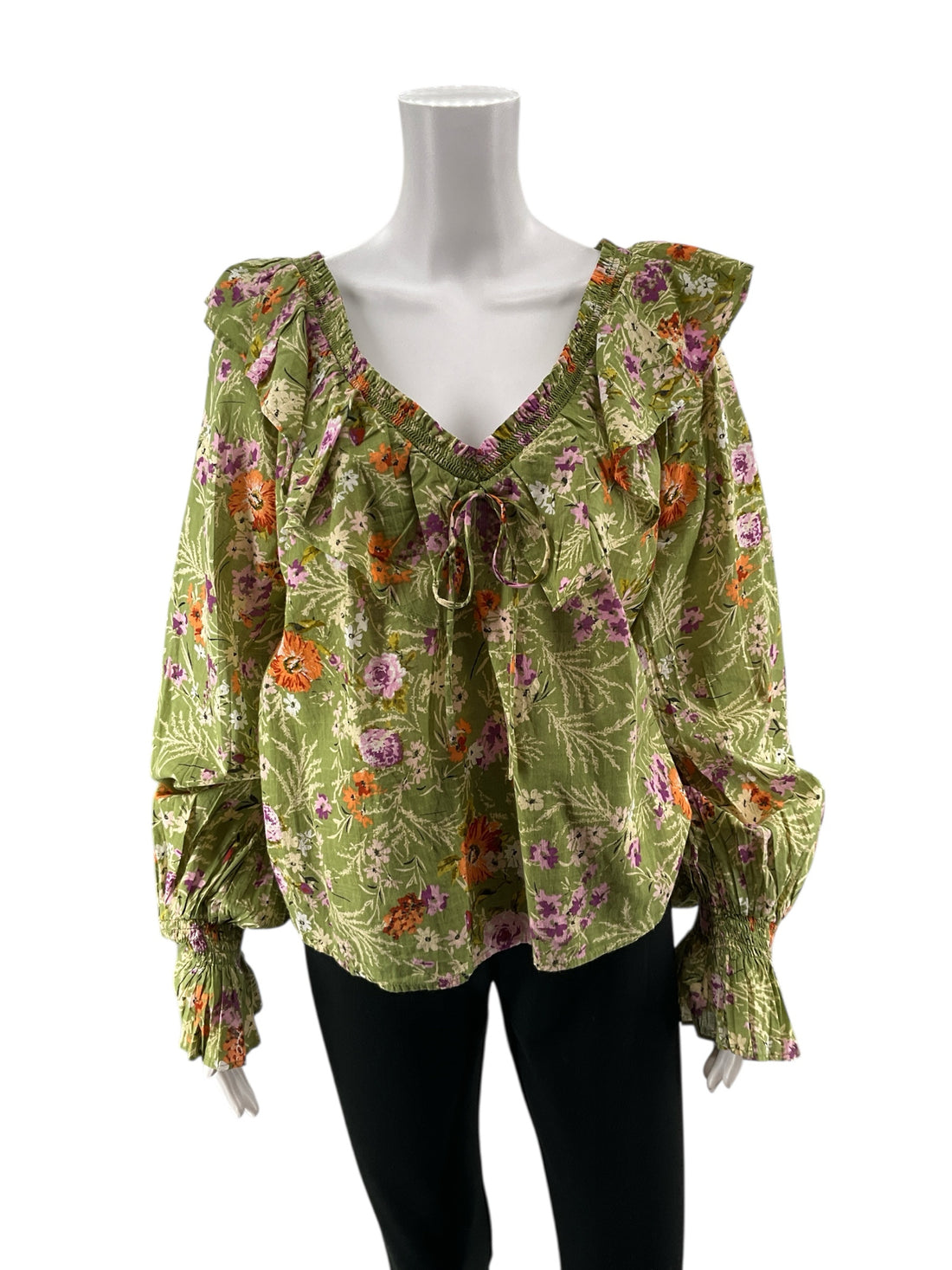 Anthropologie Green/Purple/White Floral Pre-Owned Casual Top - Size Large