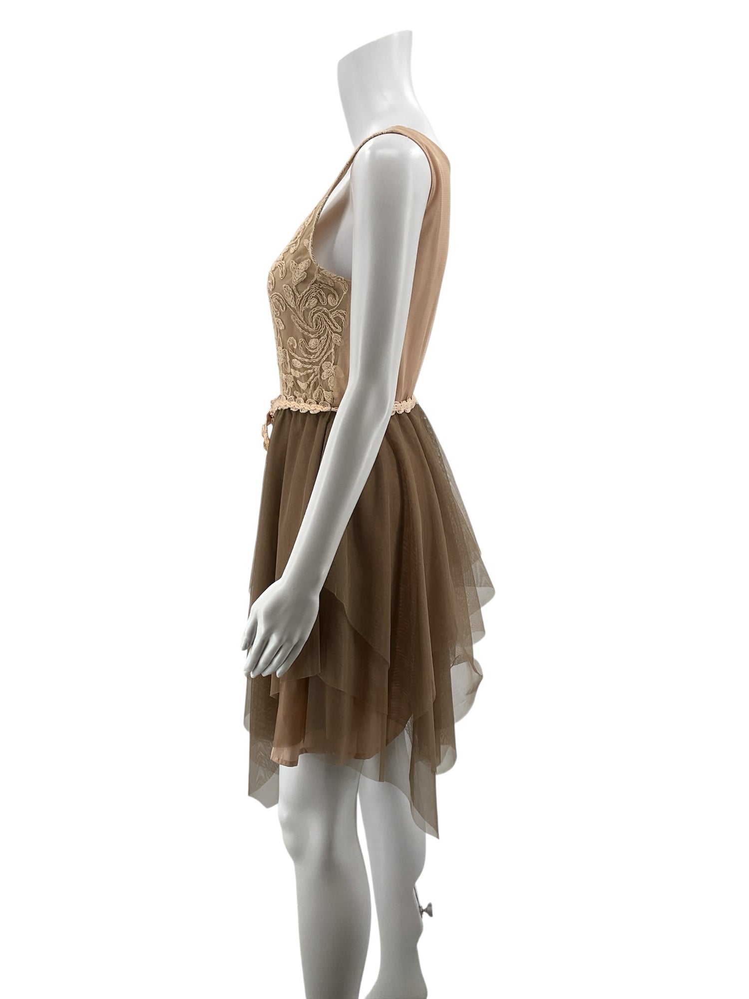 Ryu Taupe Embroidered Mesh Tiered Tulle Dress | Size Small