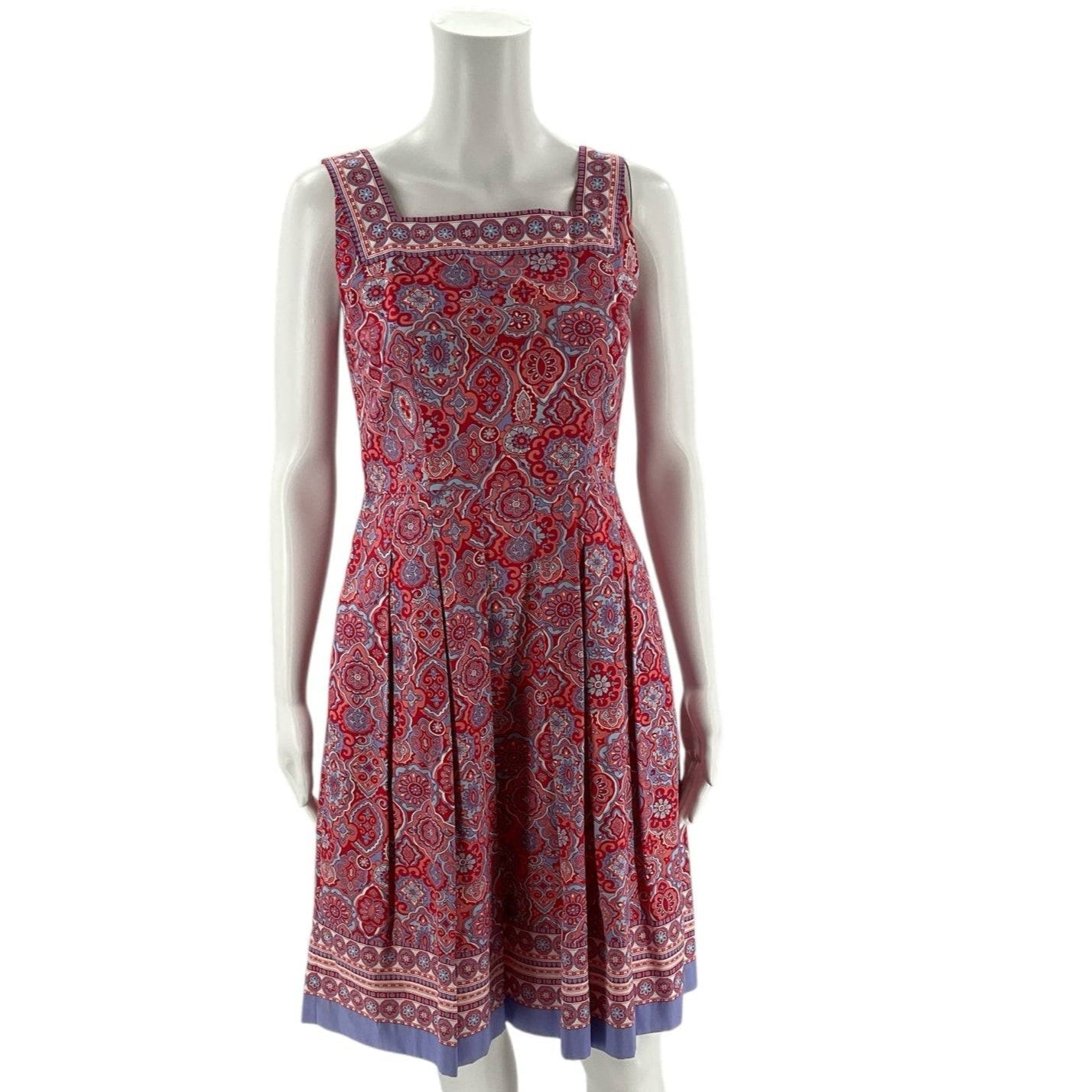 Front view of Talbots Dress Size 2P in pink/red with intricate print and pleated skirt, available at Margaret&