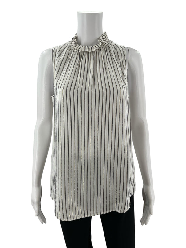Front view of Banana Republic White/Silver Striped Pre-Owned Ladies Top - Size XS with vertical navy and metallic stripes and ruffle mock neckline.