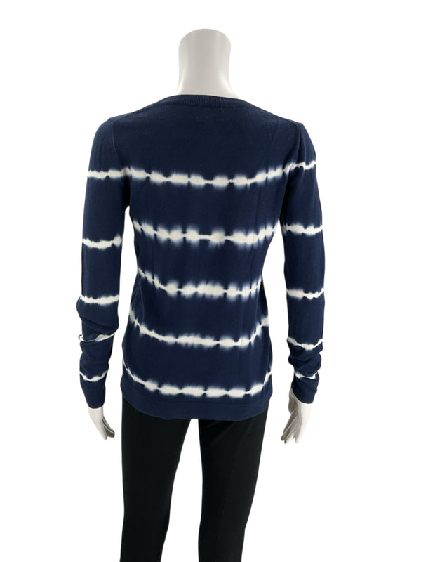 Back view of J.Crew navy/white tie-dye long sleeve top, size XS. Women's consignment cotton sweater with horizontal stripe pattern.