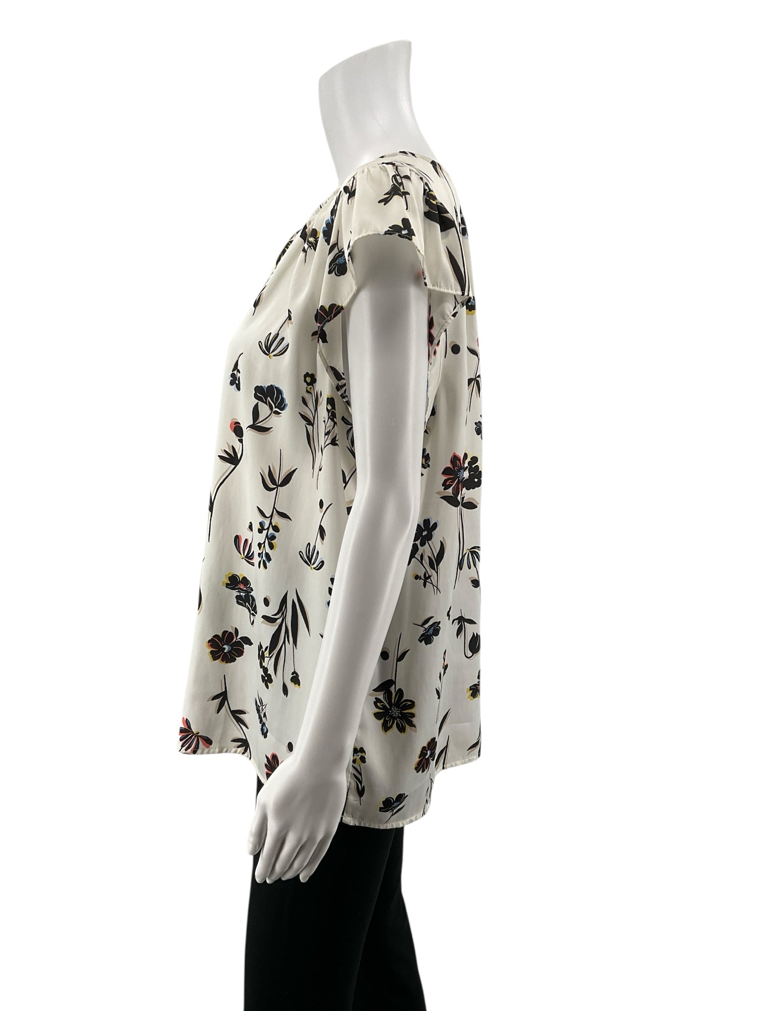 Ann Taylor white/black Cap Sleeve Floral Flutter Cap Sleeve Swing Blouse Top XL Ivory Black - Size XL