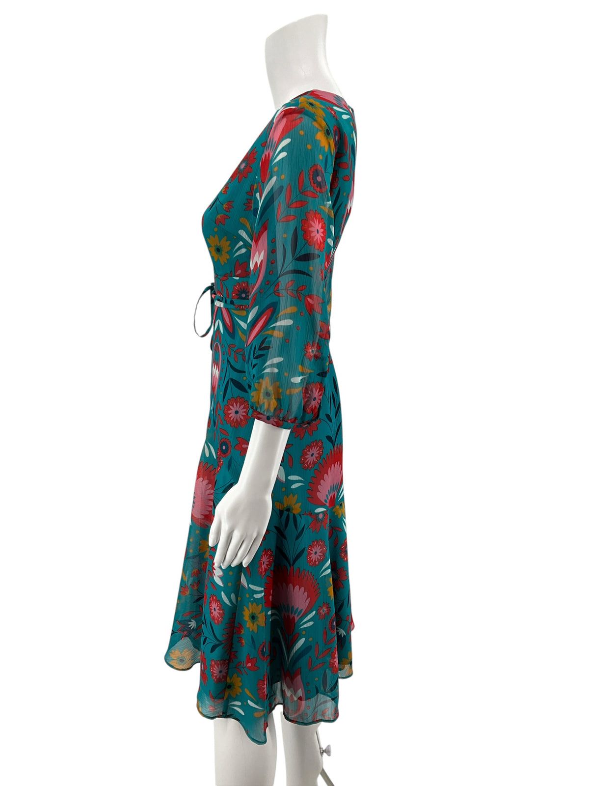Boden Amelie Dress Size 6P Teal Pop Pansy Floral V-Neck A-Line Tie Waist