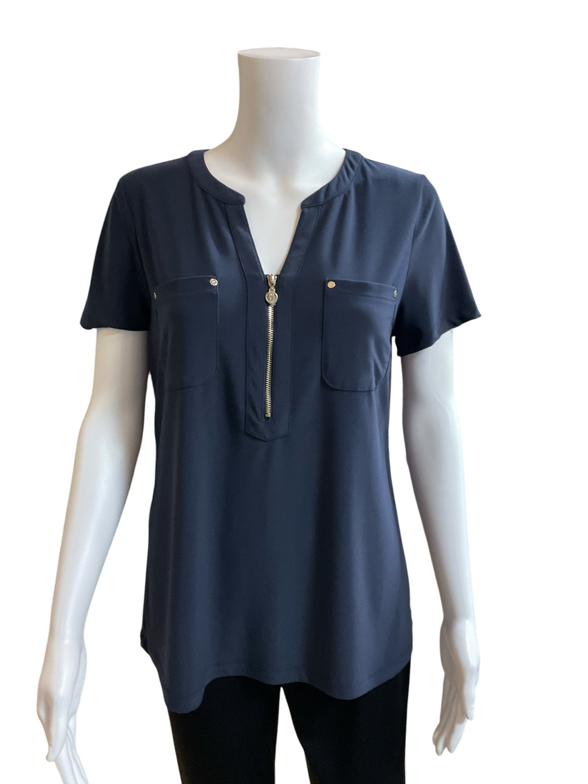 Anne Klein Navy Blue Gold Zip Short Sleeve Top Blouse Size Medium - ONLINE ONLY