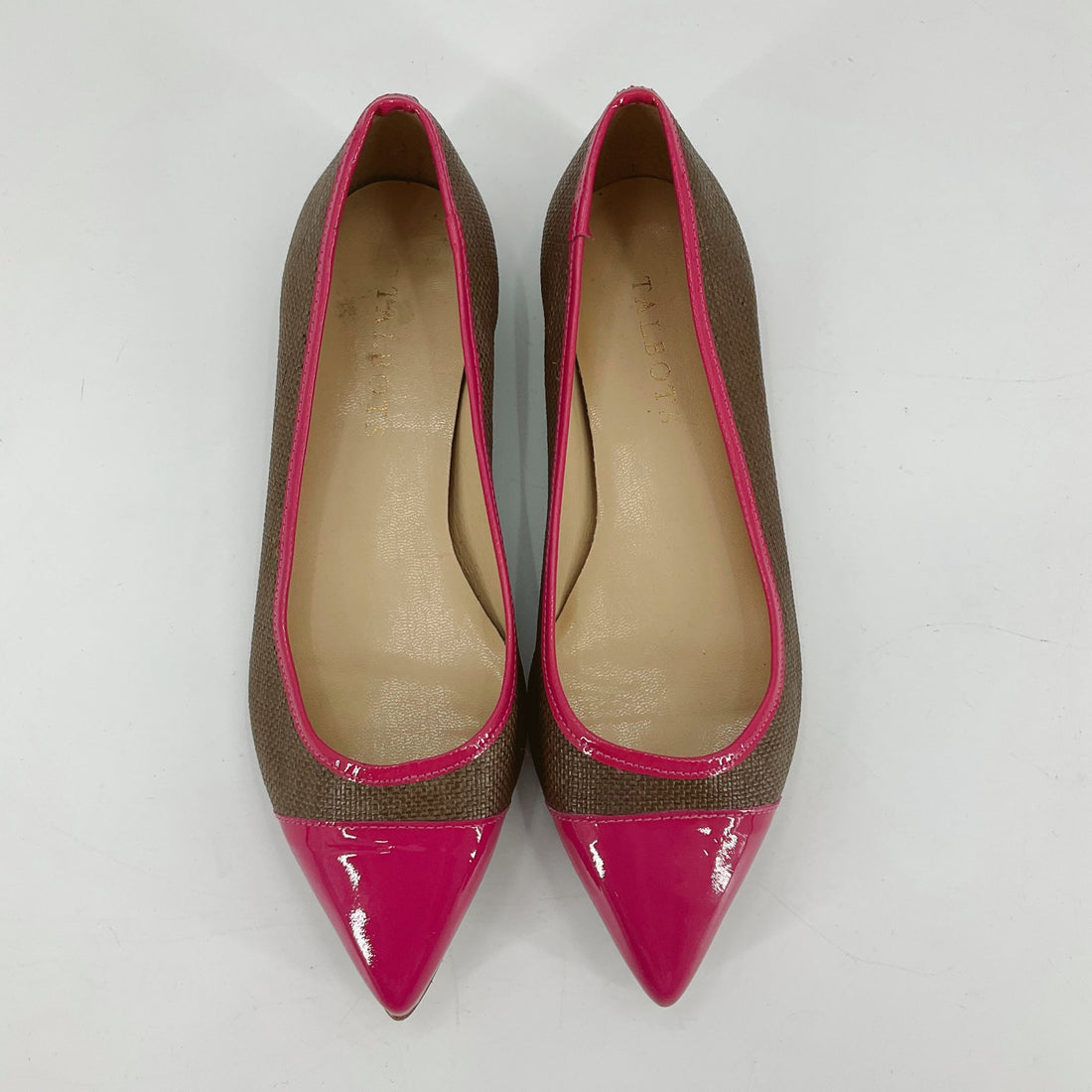 Talbots brown and pink solid pre-owned ballet flats with pointed cap toe, size 6, featuring a woven classic design.