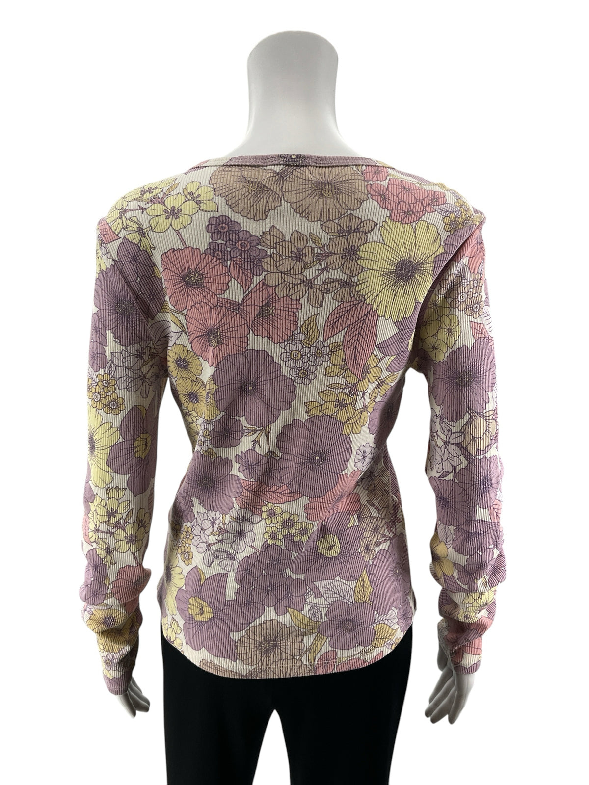 t.la Ribbed Long Sleeve Floral Top - Purple, Yellow - Size Large - ONLINE ONLY