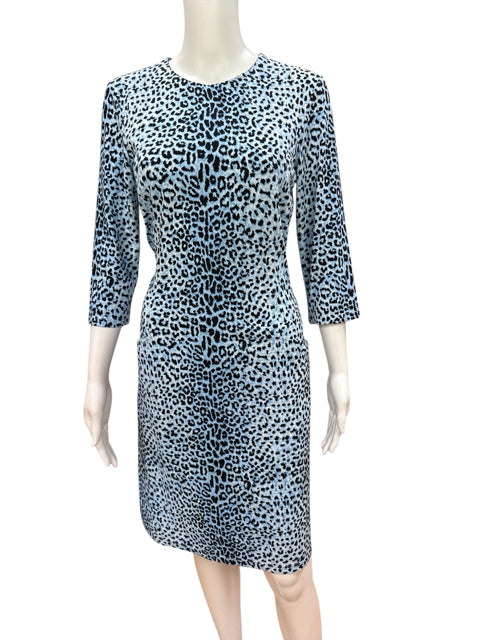 Front view of J. McLaughlin Blue/Black Animal Print Catalina Cloth Dress, size Medium, with wrinkle-resistant fabric and knee-length cut.
