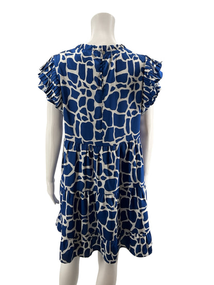 Jodifl white/blue Boho Blue &amp; White Giraffe Print Tiered Babydoll Mini Dress Size Medium - Size M