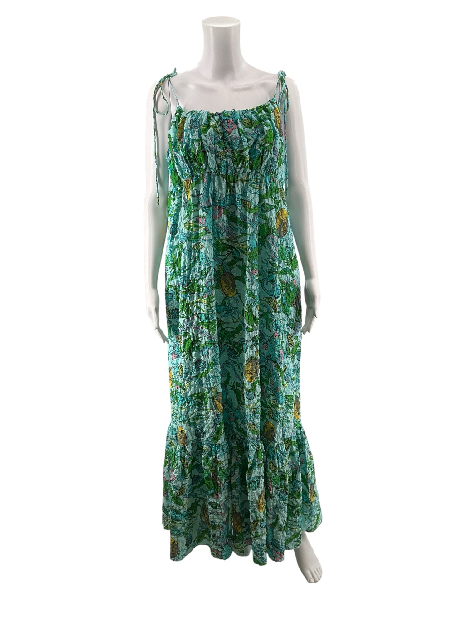 Kate Spade New York aqua/green/yellow Maxi, Sundress, A-Line, Tiered, Smocked, Resort Sea Wonder Fish Print Smocked Maxi Dress Size XL - Size XL
