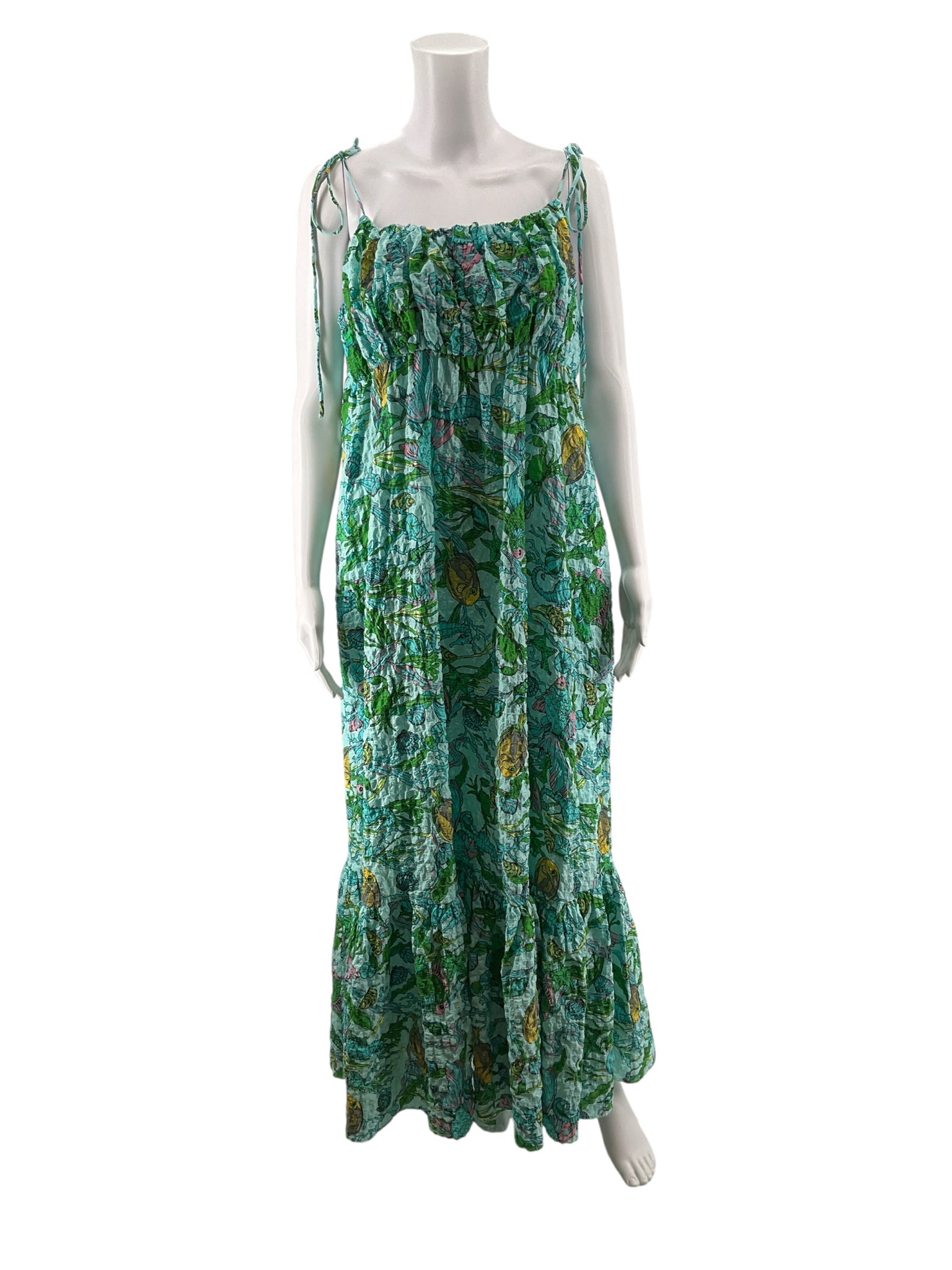 Kate Spade New York aqua/green/yellow Maxi, Sundress, A-Line, Tiered, Smocked, Resort Sea Wonder Fish Print Smocked Maxi Dress Size XL - Size XL