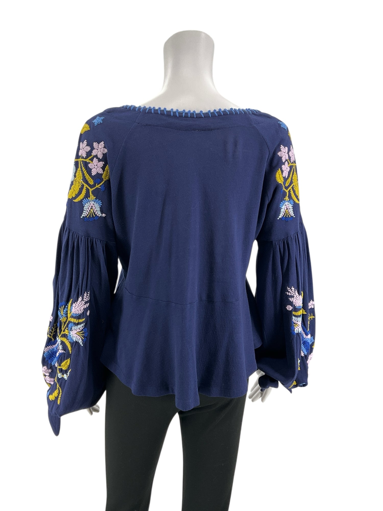 Free People navy/blue/brown Peplum Tell Tale Navy Embroidered Boho Tunic Top Size Medium - Size M