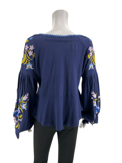 Free People navy/blue/brown Peplum Tell Tale Navy Embroidered Boho Tunic Top Size Medium - Size M