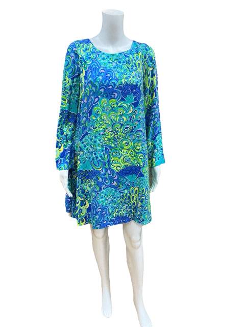 Front view of Lilly Pulitzer Size Small teal and multi-print dress on mannequin, featuring long sleeves and vibrant pattern.