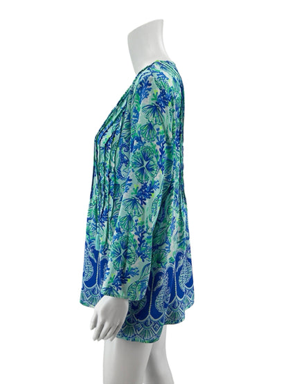 Lilly Pulitzer Elsa Tunic Top Hook Line Sinker Print Blue Green Size Large