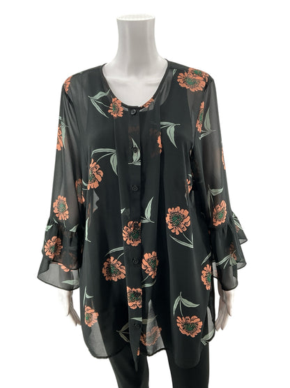 cabi Sundance Top Floral Tiered Ruffle Sleeve Blouse Size XL