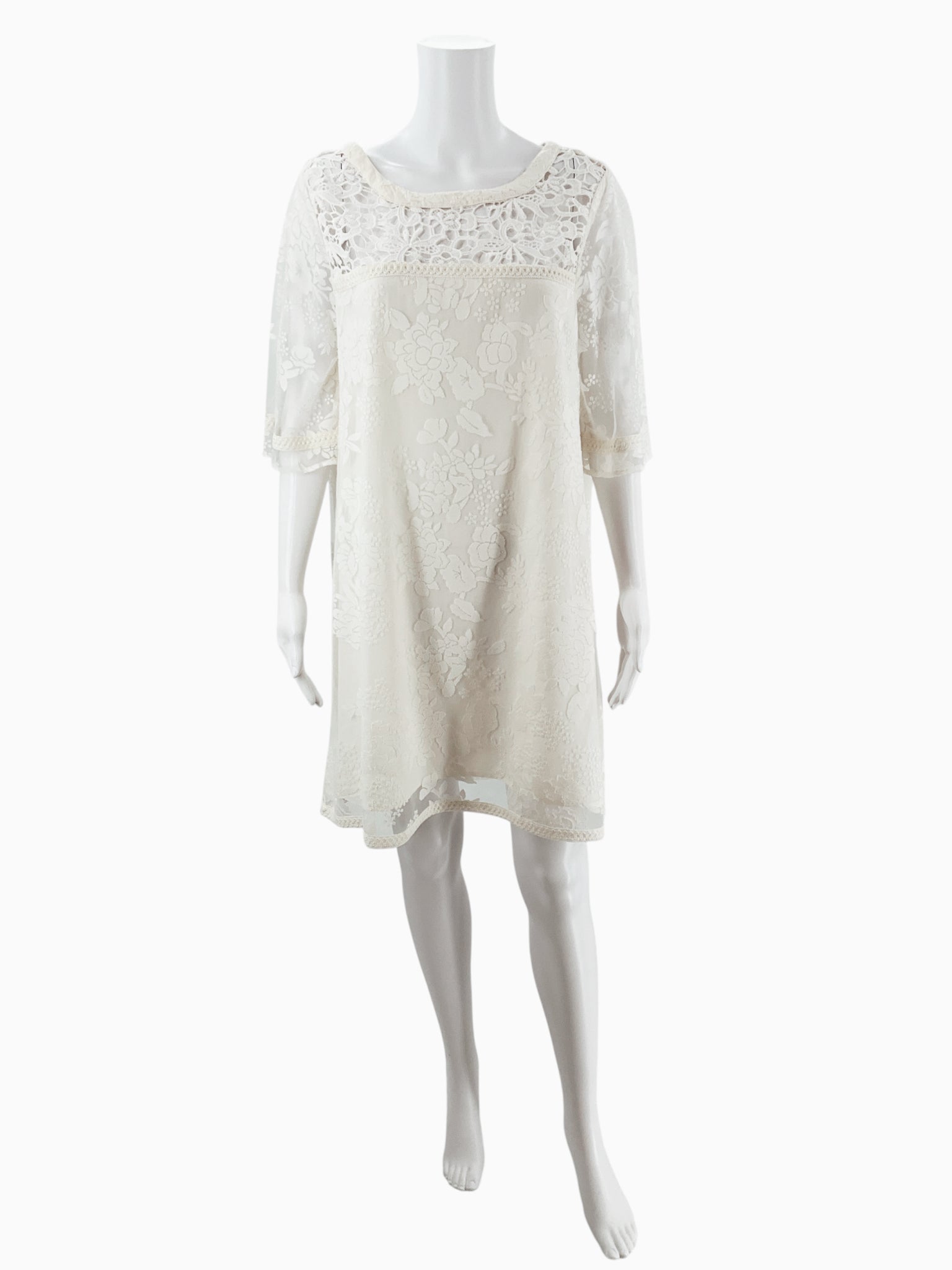 Front view of Catherine Cream Floral Pre-Owned Ladies Dress on mannequin, featuring shift silhouette and intricate lace detailing.