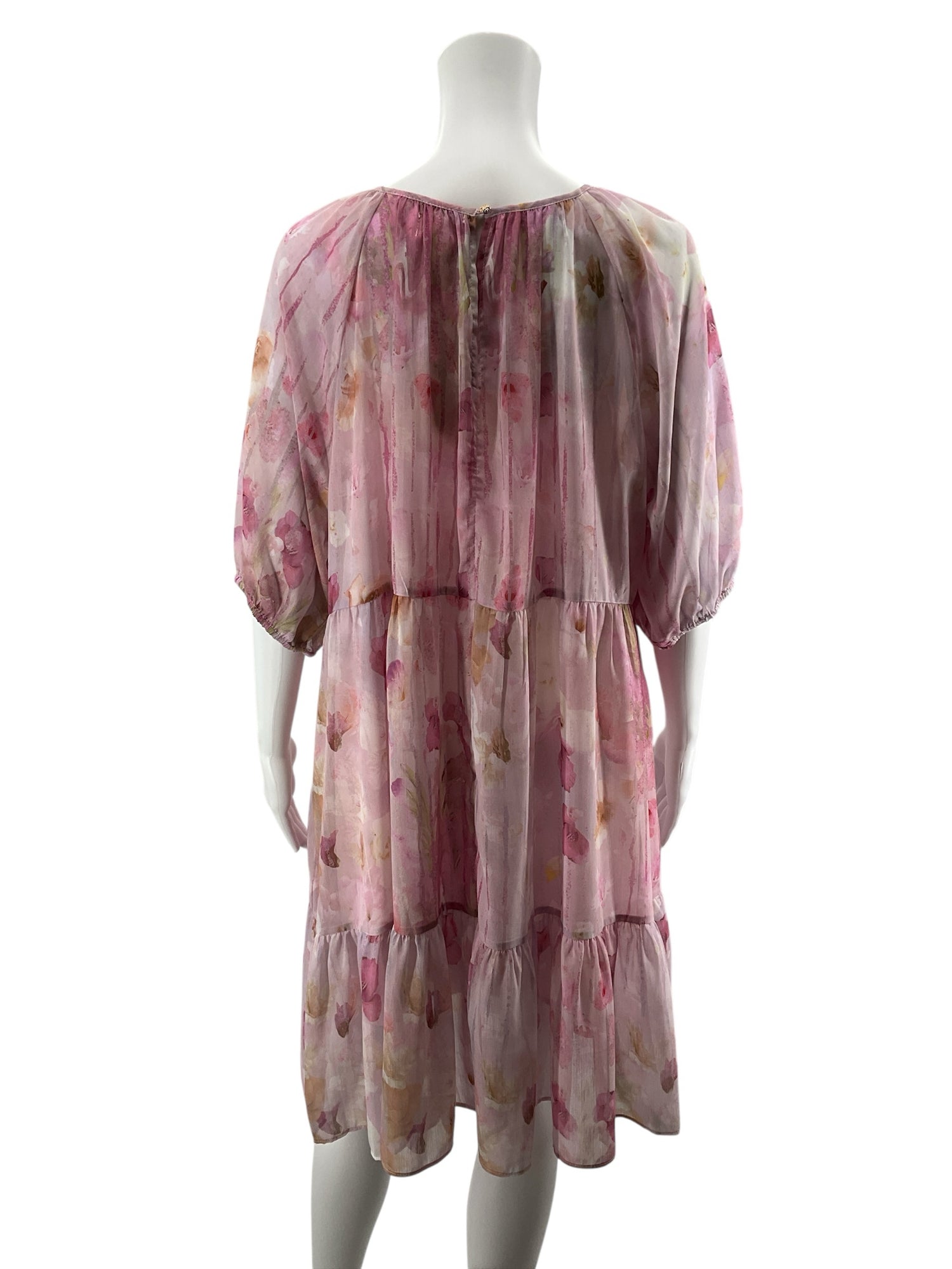Melloday Pink Floral Tiered Puff Sleeve Midi Dress | Size Large