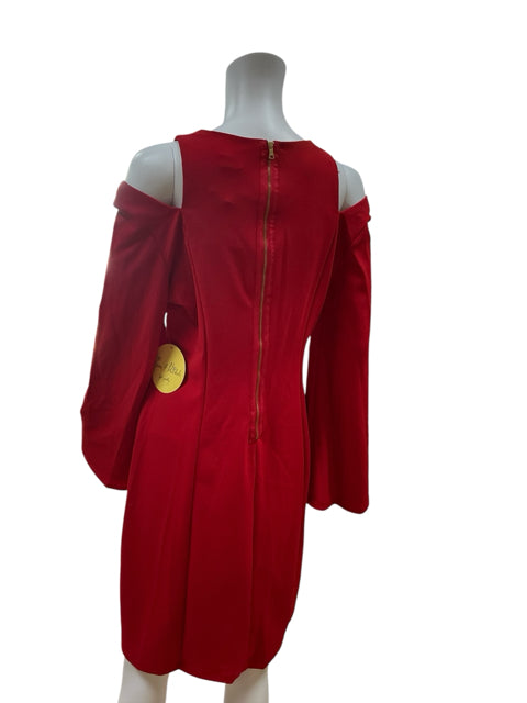 Back view of Emma Michele red cold shoulder party dress featuring a gold zipper and flared sleeves, size 8.