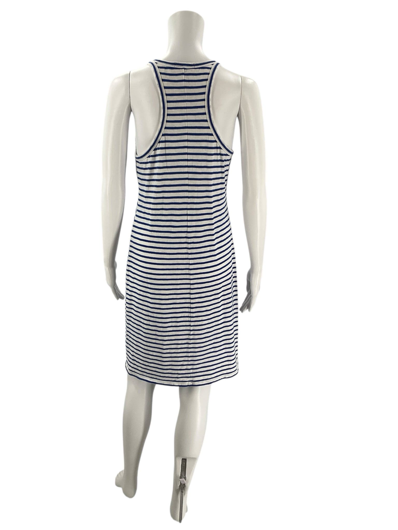 Back view of J Crew White/Blue Stripe Dress - Size Medium, featuring a racerback design in breathable cotton, ideal for casual summer wear.