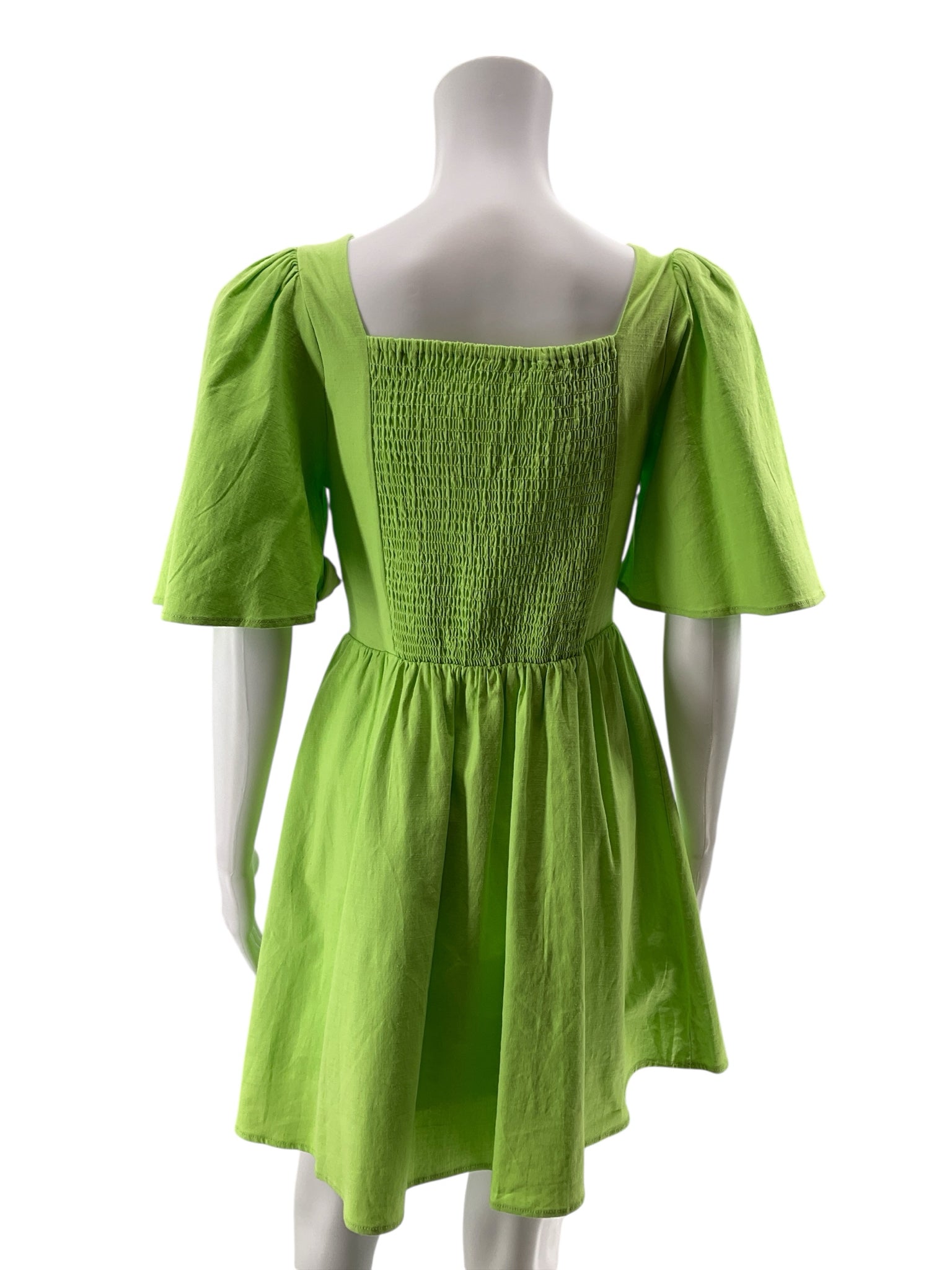 THML Lime Green Flutter Sleeve Smocked V-Neck Mini Dress | Size Small
