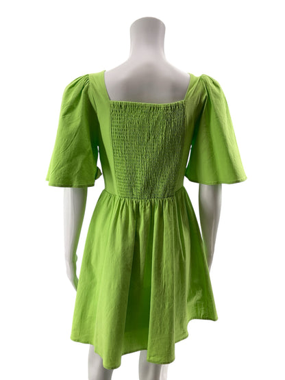 THML Lime Green Flutter Sleeve Smocked V-Neck Mini Dress | Size Small