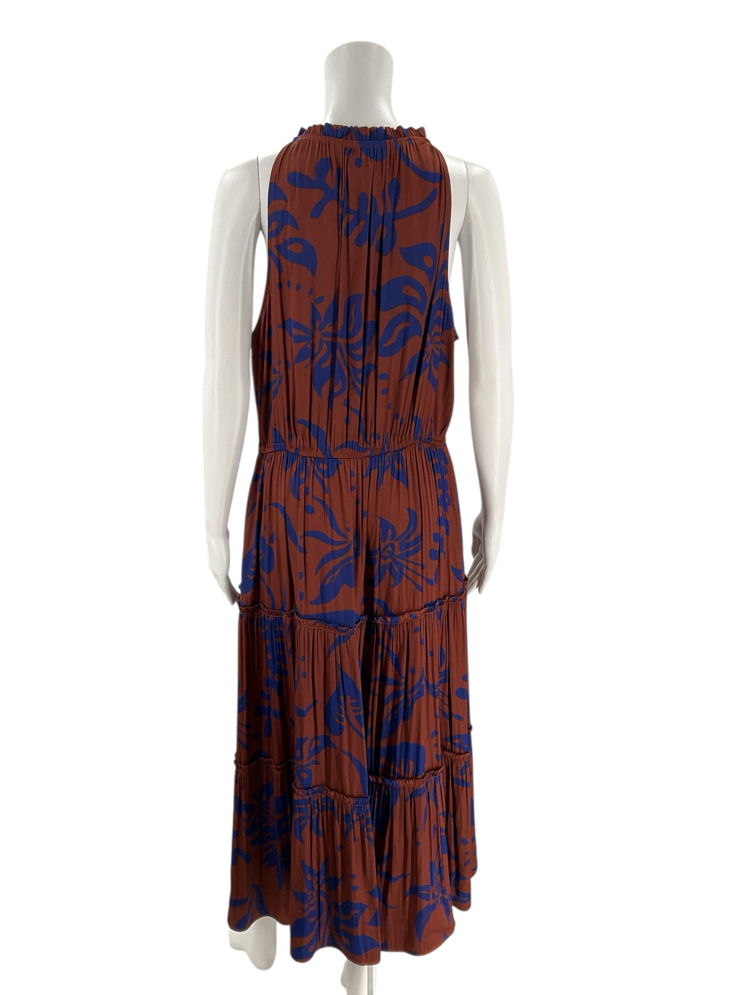 Back view of Gap Rust/Blue Print Halter Maxi Dress - Size Large Tall showing gathered waist and relaxed fit, perfect for casual or resort wear.