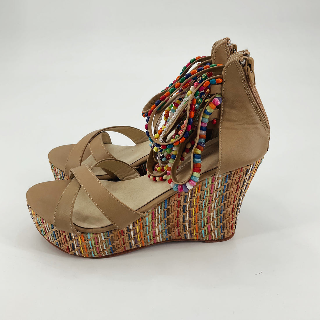 Get More Beauty Tan/Rainbow Beaded Pre-Owned Ladies Sandals - Size 9.5/10