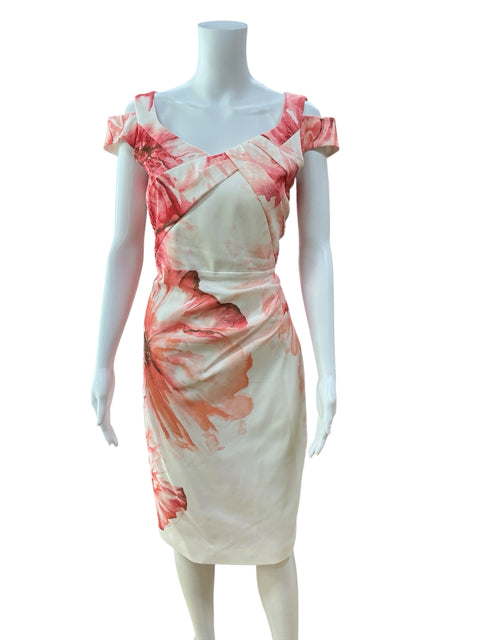 Karen Millen Floral Off-Shoulder Pencil Dress Size 10 Orange Red Wedding Guest