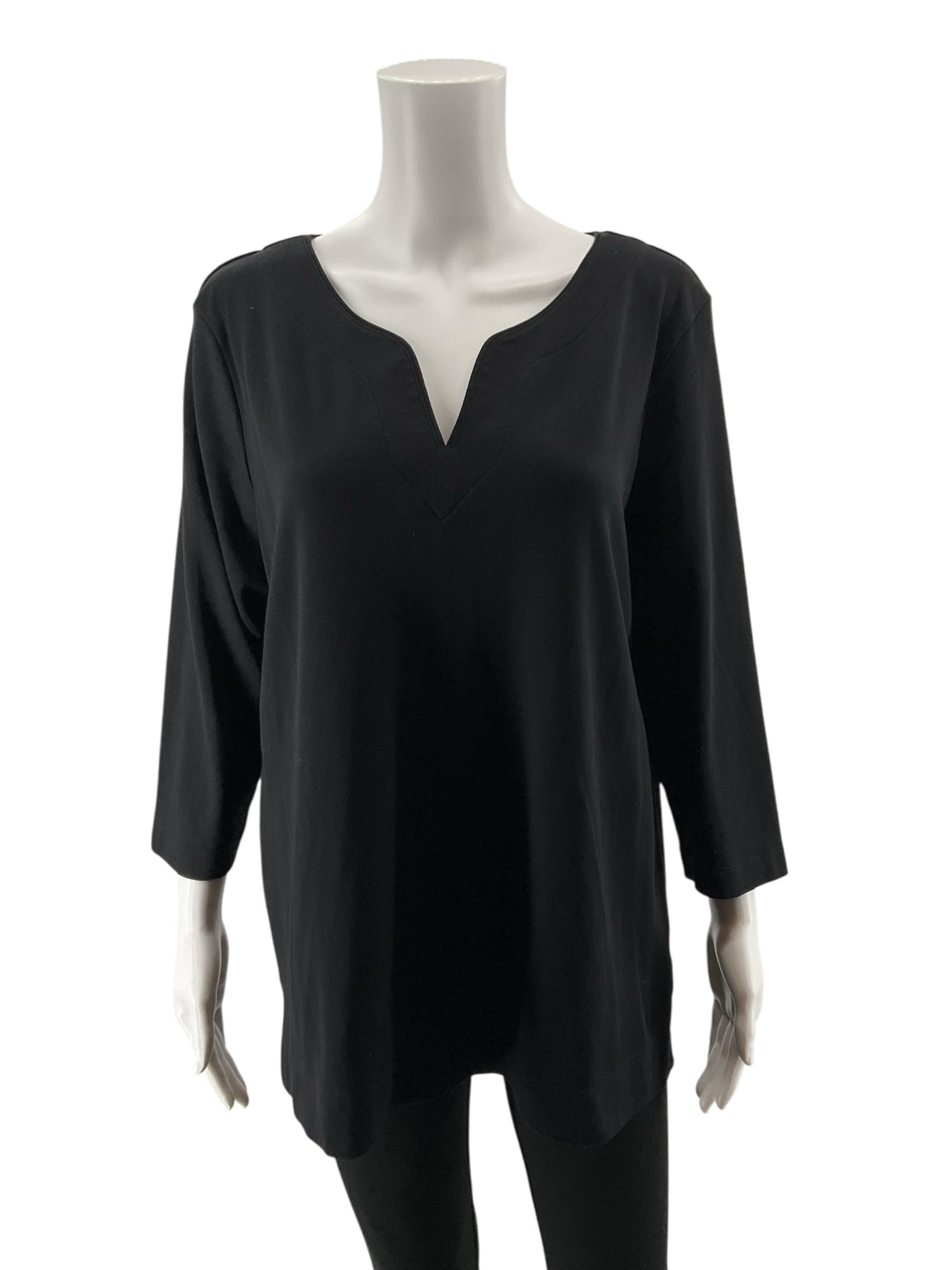 L.L.Bean Supima Cotton Splitneck Tunic Top 3/4 Sleeve Black Women&