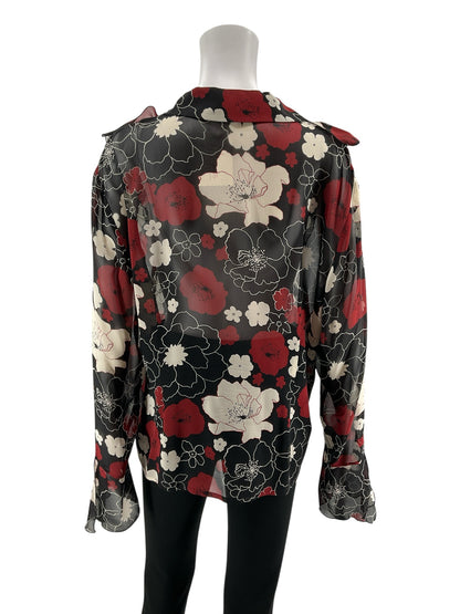 Peter Nygård Red &amp; Black Floral 100% Silk Sheer Button-Down Blouse | Size 16