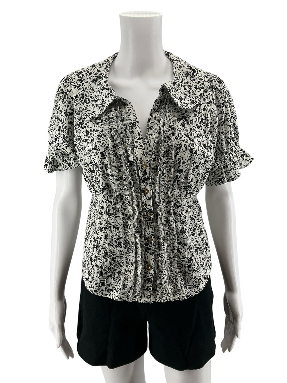 Pilcro Ruffled Floral Peplum Blouse Cream Black Print Cotton Top Size Small - ONLINE ONLY