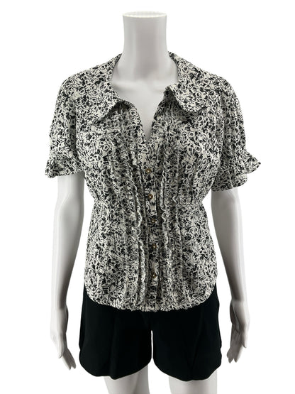 Pilcro Ruffled Floral Peplum Blouse Cream Black Print Cotton Top Size Small - ONLINE ONLY