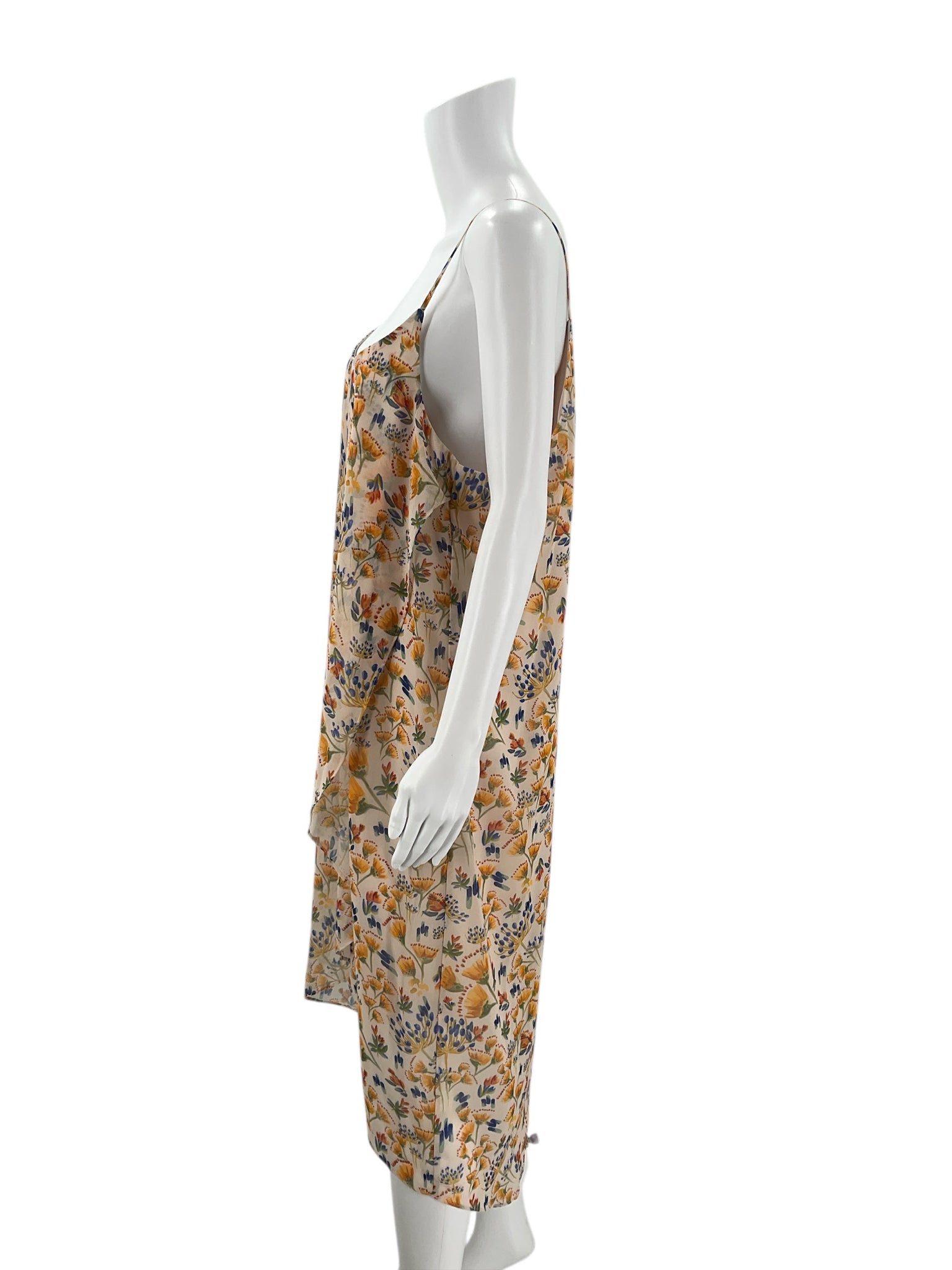 Side view of Gianni Bini Yellow/Blue Floral Dress - Size Large | Flowy silhouette with yellow and blue floral design, perfect for casual outings.