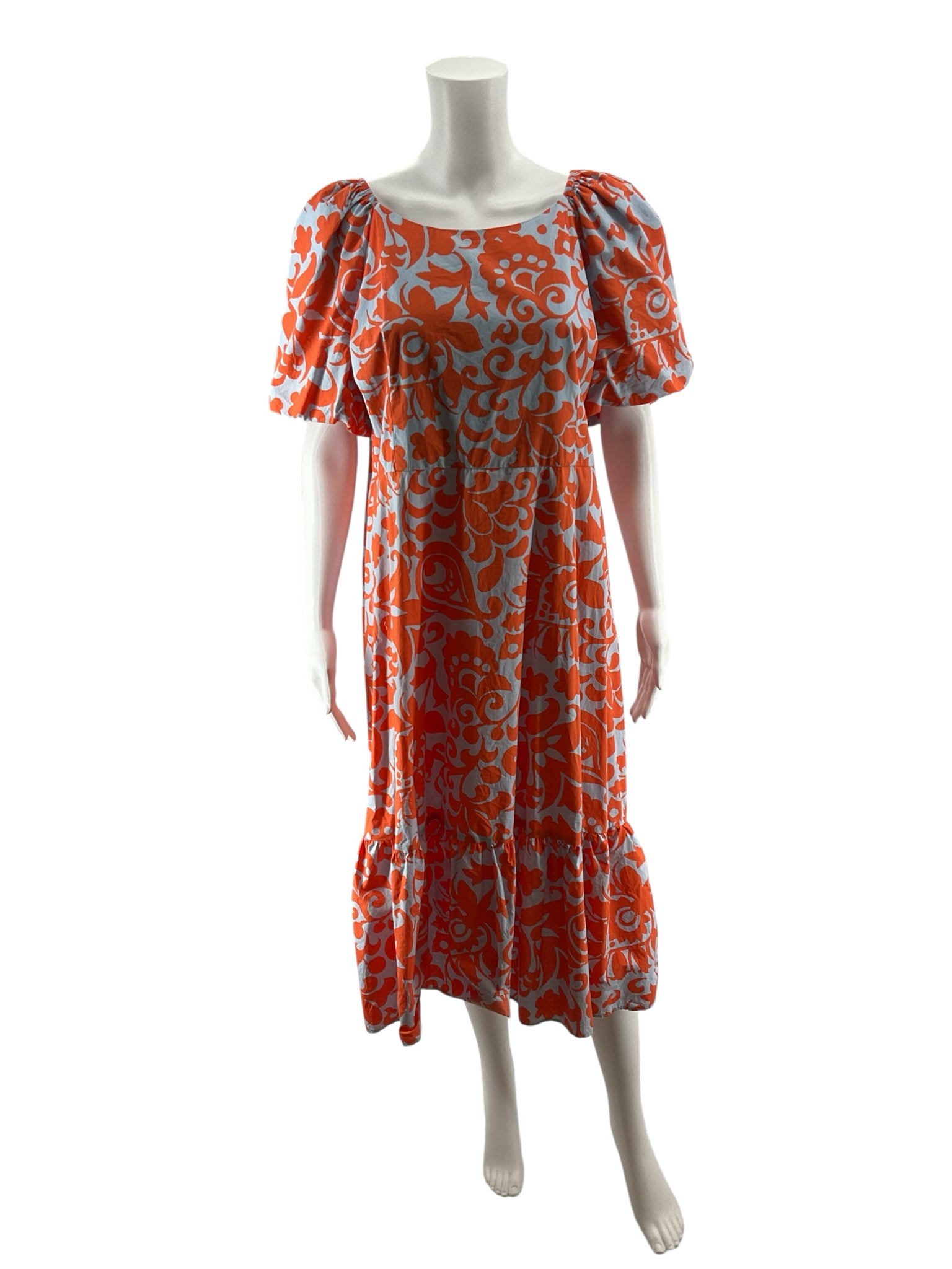 Talbots Floral Scroll Tiered Popover Dress Blue Orange Size 14