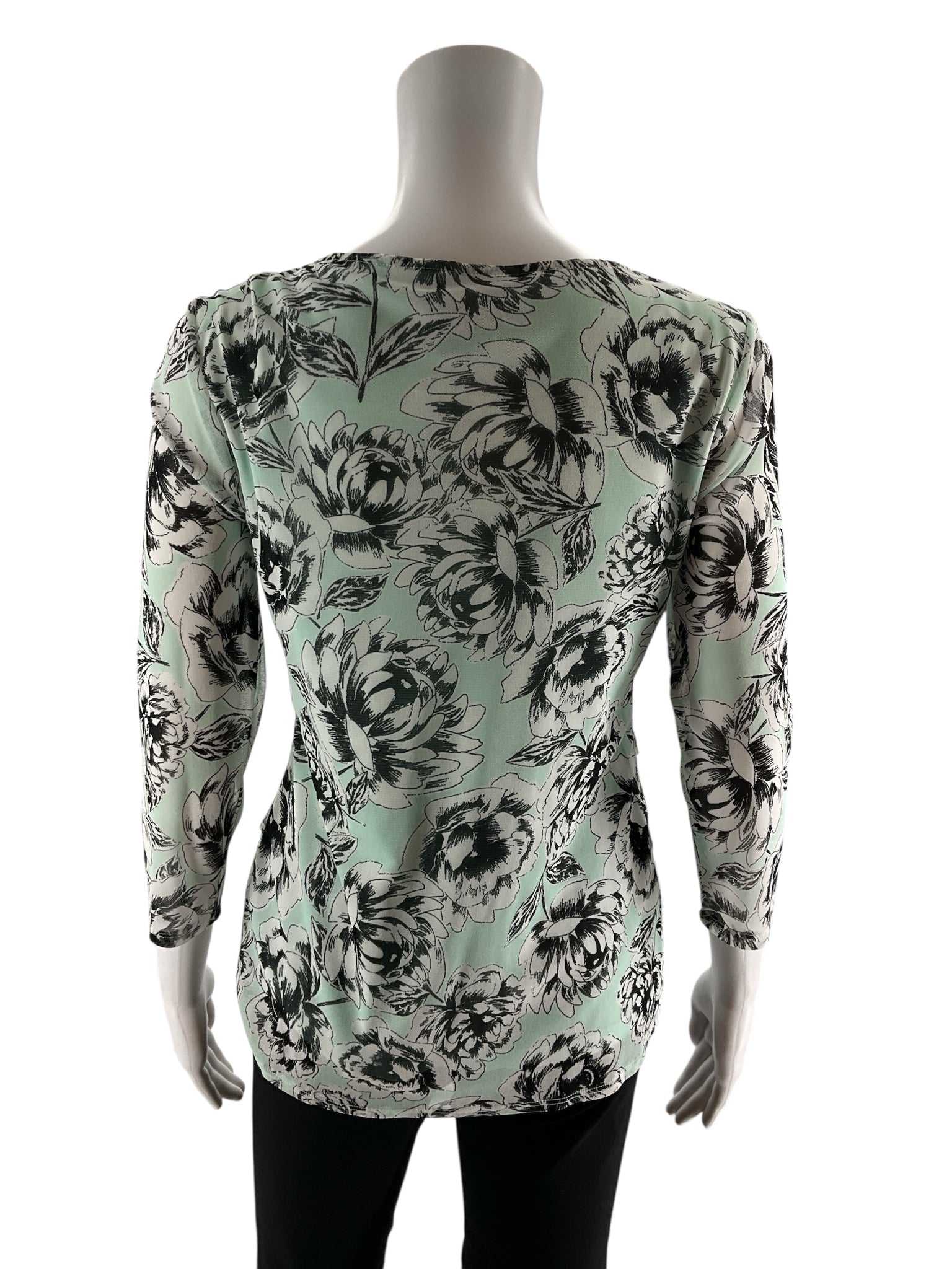 Alfani aqua and black floral blouse, medium size, scoop neck casual top with a pullover design.