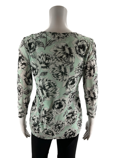 Alfani aqua and black floral blouse, medium size, scoop neck casual top with a pullover design.