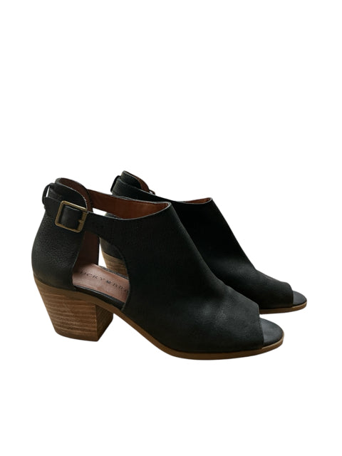 Lucky Brand Ada Peep-Toe Block Heel Booties Black Leather | Size 8M