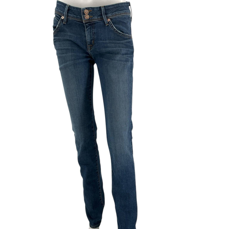 Front view of Hudson Dark Blue Pre-Owned Jeans - Size 4 with double button closure and slim fit, available at Margaret's Fine Consignments.
