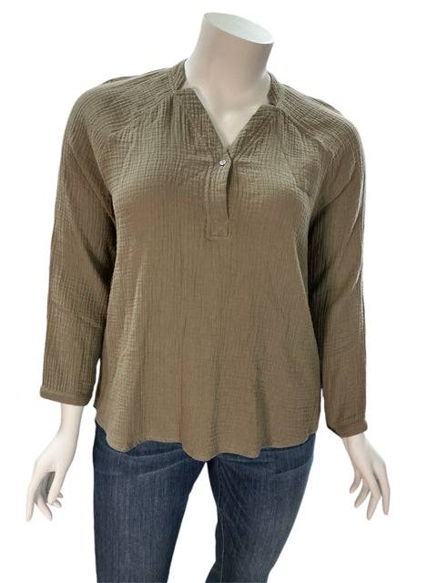 Front view of Garnet Hill taupe textured top size 18 on mannequin, lightweight long sleeve top at Margaret's Fine Consignments.