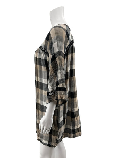 Maeve Anthropologie Plaid Flutter-Sleeve Tunic Dress Size Medium Black Tan Check