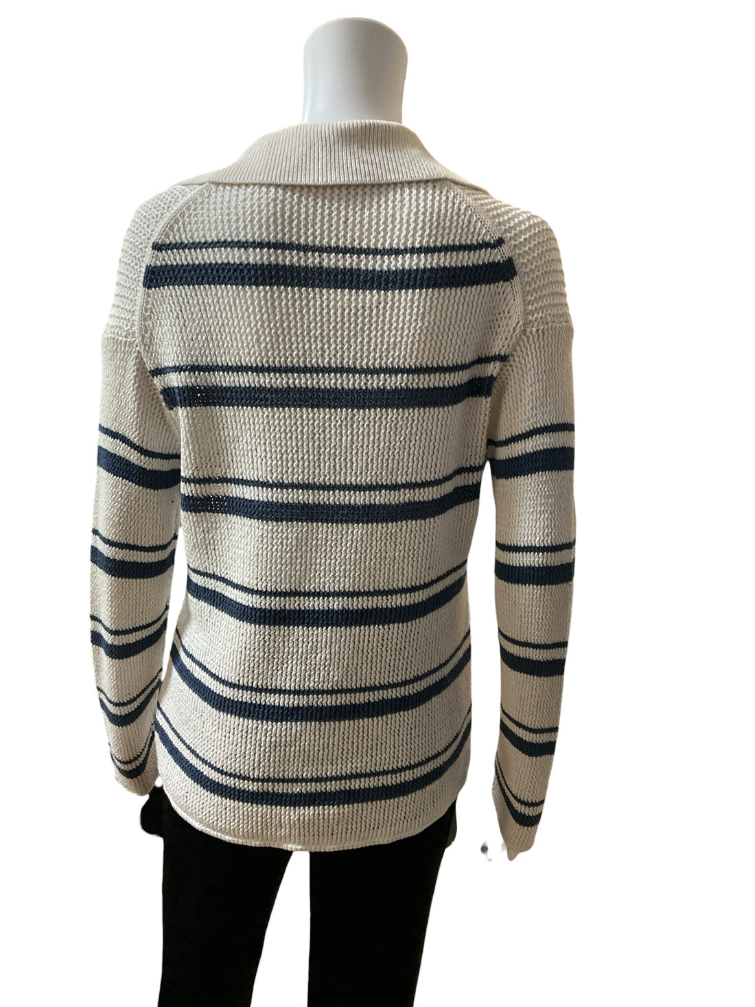 Vince Variegated Stripe Polo Sweater Womens Size Medium Ecru Blue Cotton Knit Top