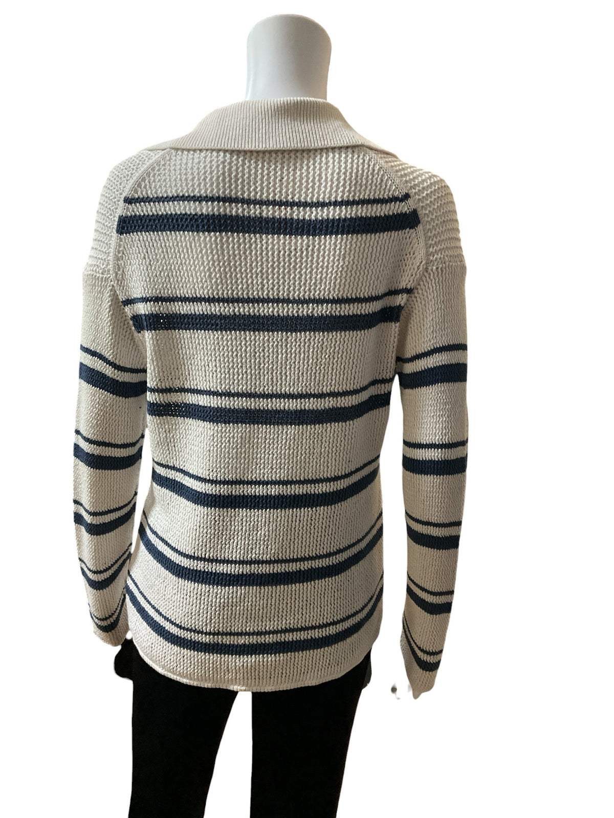 Vince Variegated Stripe Polo Sweater Womens Size Medium Ecru Blue Cotton Knit Top