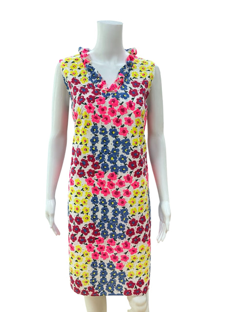 Talbots Floral Cotton Shift Dress Ruffle V-Neck Size 12