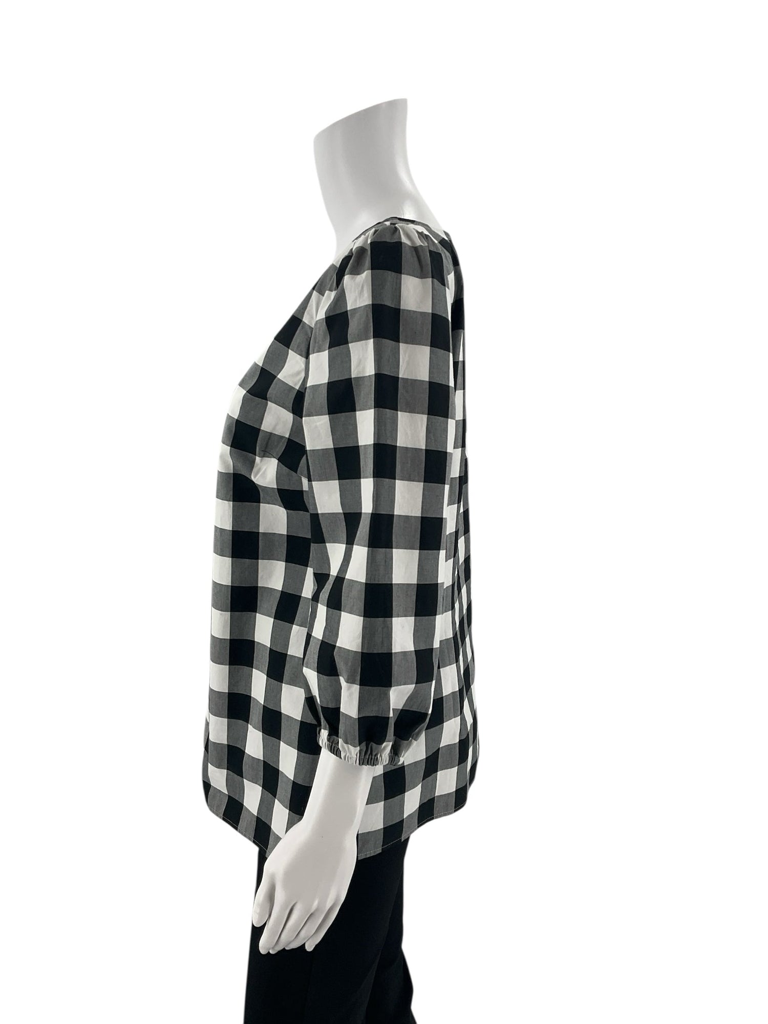 Talbots black and white checkered blouse with puff sleeves, size small, showcasing a preppy cottagecore style.