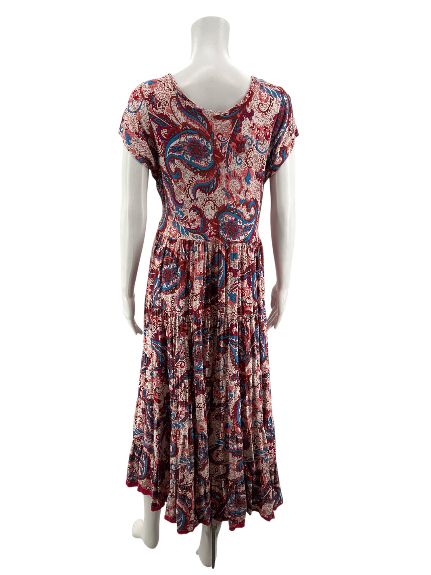 Soft Surroundings Tan/Red/Blue Boho Delphine Paisley Tiered Midi Dress Boho Cap Sleeve Size Large - Size L