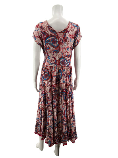 Soft Surroundings Tan/Red/Blue Boho Delphine Paisley Tiered Midi Dress Boho Cap Sleeve Size Large - Size L