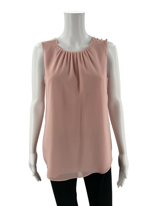 Front view of WHBM pink sleeveless blouse, size 6, featuring gathered neckline and pearl button shoulder detail. Perfect for office or casual outfits.