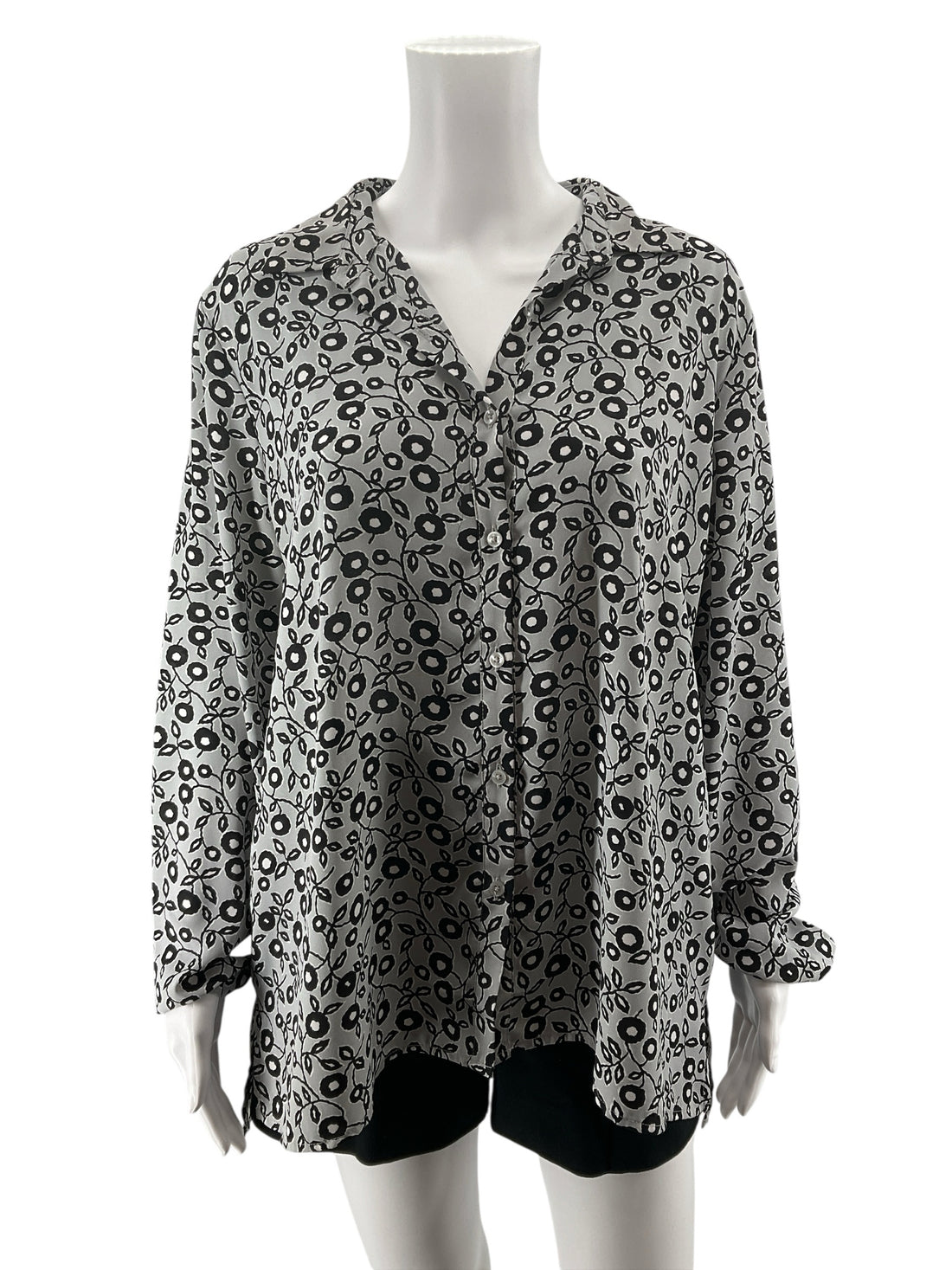 LOFT Ann Taylor Gray Abstract Floral Roll-Tab Blouse Size Large