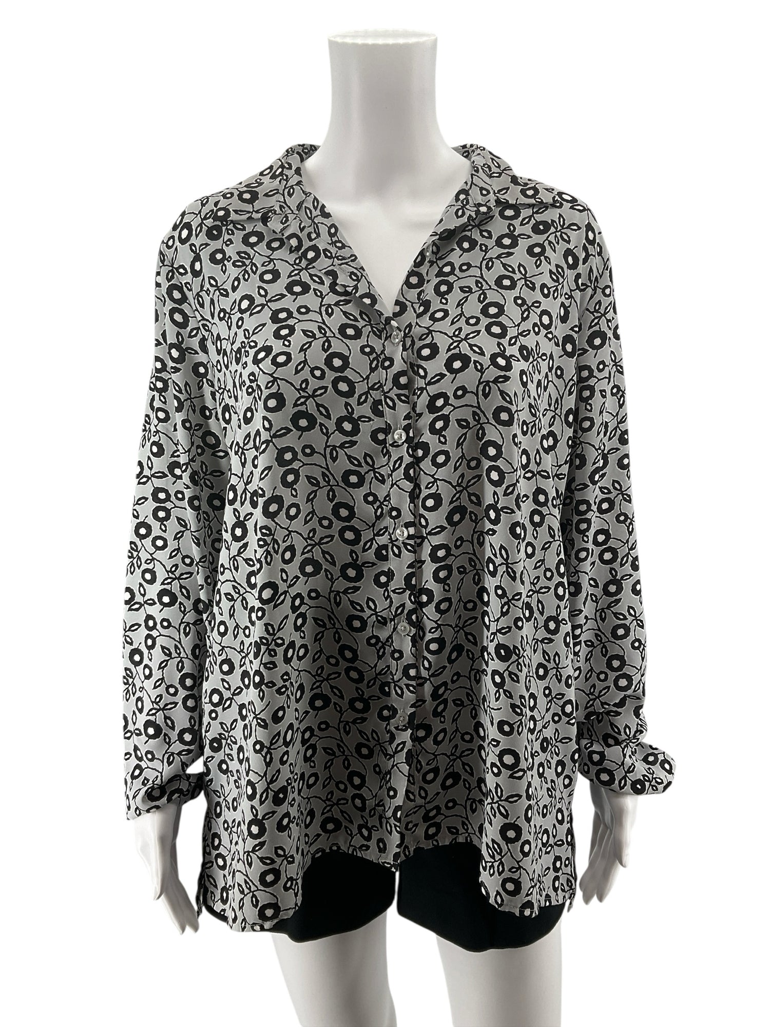 LOFT Ann Taylor Gray Abstract Floral Roll-Tab Blouse Size Large