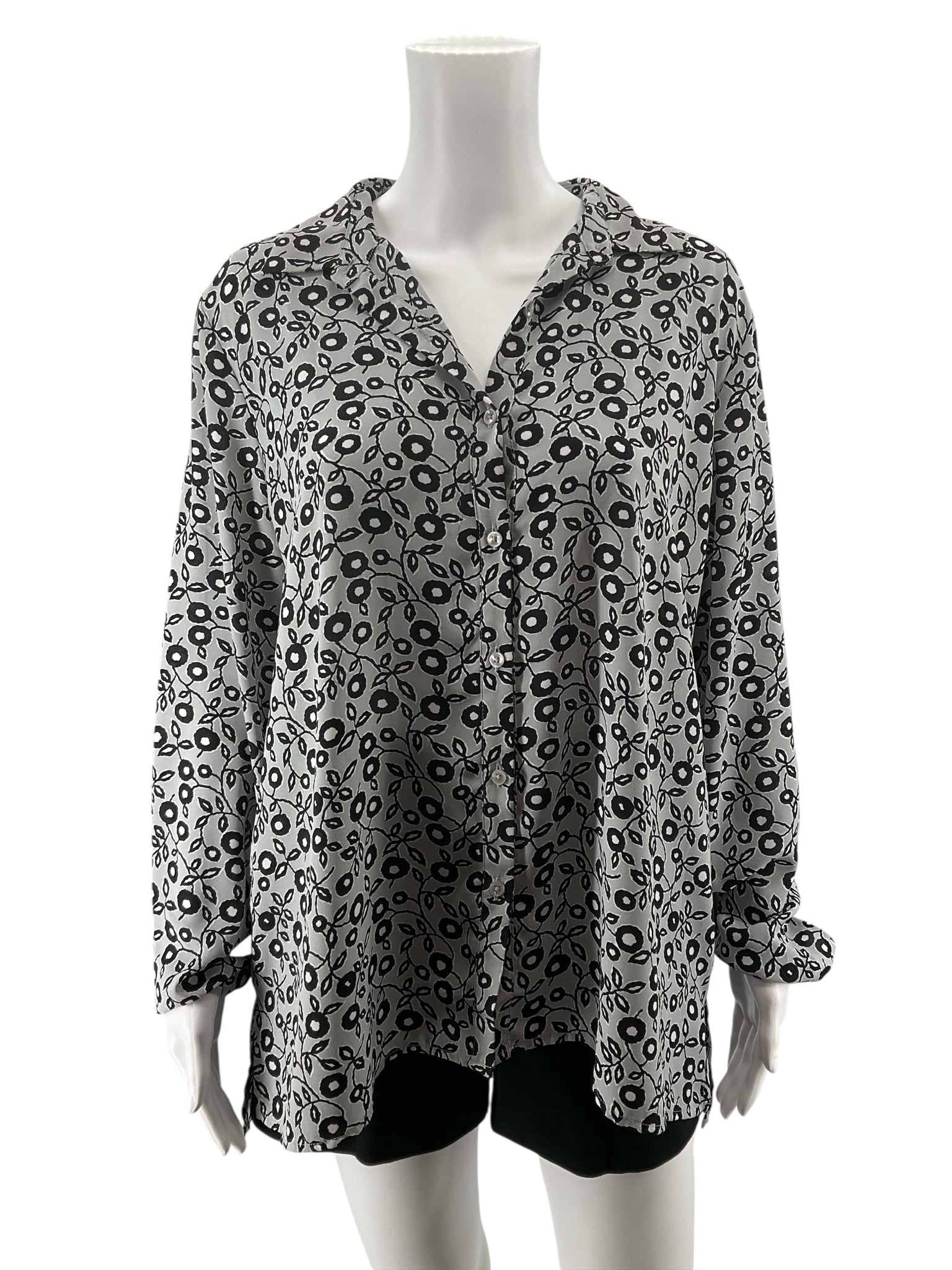 LOFT Ann Taylor Gray Abstract Floral Roll-Tab Blouse Size Large